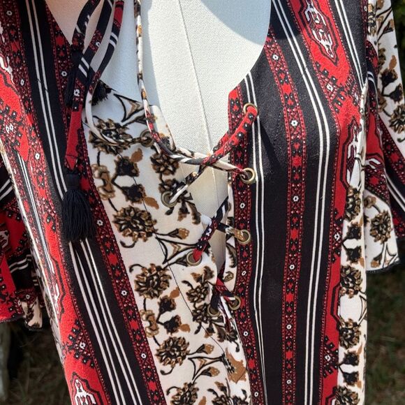 NWOT Show Me Your MuMu Red White Gold Black Patterned Dress Lace up Tassels - Picture 4 of 7